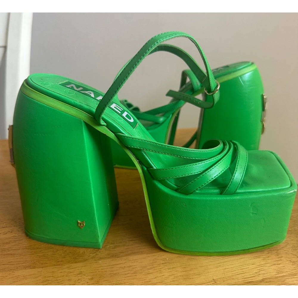 Y2K Naked Wolfe Jada Green Leather Platform Sandal Square Block Heel Size 9 US